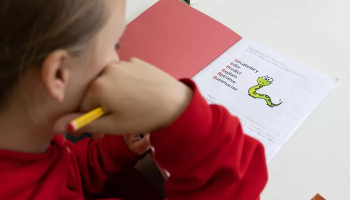 A pupil studies an exercise book