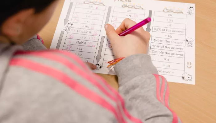 A pupils works on an activity in an exercise book
