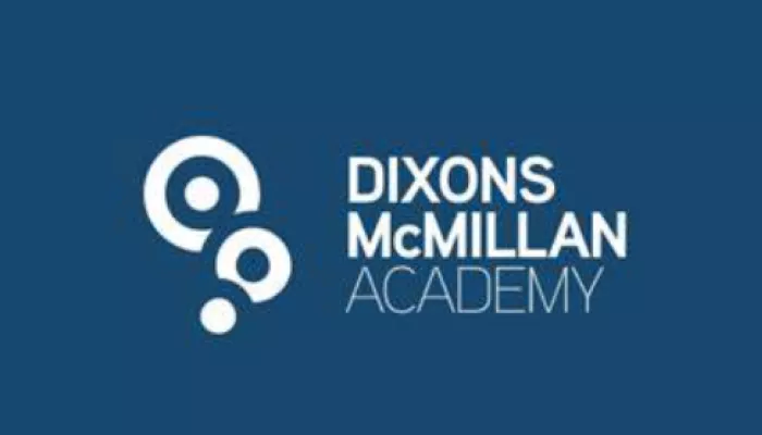 Dixons McMillan logo is white on blue