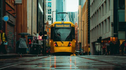 low, front on image of a Manchester Metro tram