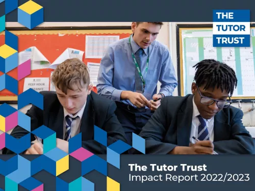 The cover of Tutor Trust's 2023 Impact Report. A young male tutor wearing a blue shirt and tie is stood to the back of two secondary-aged male pupils wearing school uniform. At the bottom and to the side of the image are decorative patterns.