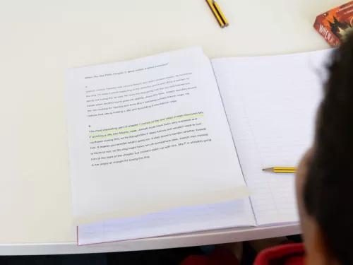 A pupils studies a piece of writing.