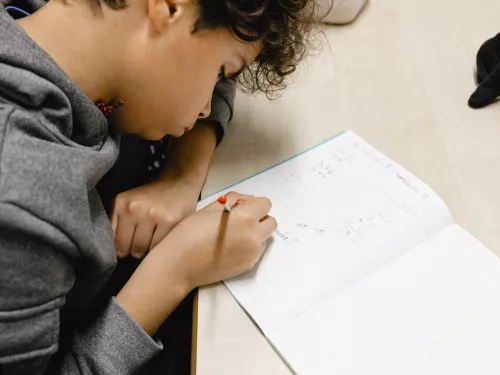 A close up photo of a secondary school-aged male pupil writing in an exercise book. He is sat at a desk wearing a grey jumper and has brown hair.