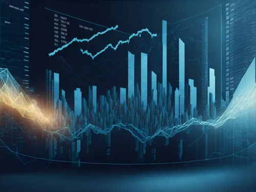 An image of a digital financial report made from a city skyline
