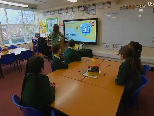 a teacher in a green dress in front of a whiteboard and some primary school pupils